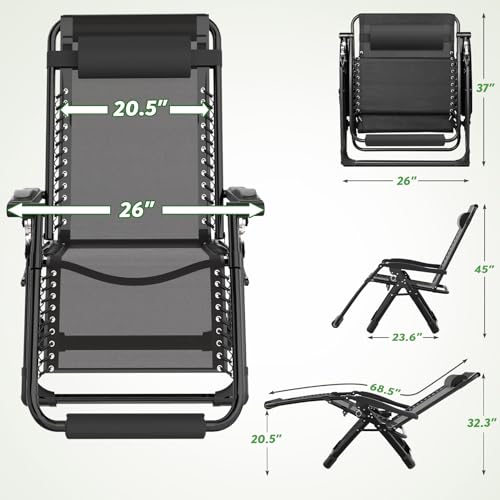 ZENPETIO 26In Zero Gravity Chair, Zero Gravity Recliner Lounge Chair for Indoor and Outdoor, Reclining Camping Chair for Lawn and Patio, Anti Gravity Chair w/Cushion, Cup Holder and Footrest, 440LBS - color: Black-26