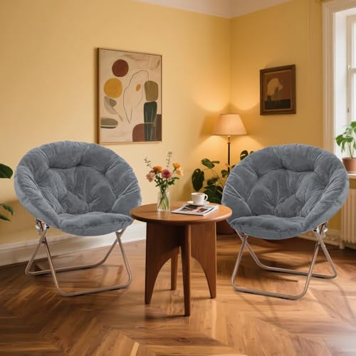 MoNiBloom Round Folding Faux Fur Saucer Chair for Bedroom Living Room Dorm Foldable Metal Frame Oversized Large Comfy Furry Padded Soft Lounge Lazy Cozy Moon Chair for Adults (Gray, 2 Pieces) - color: Grey