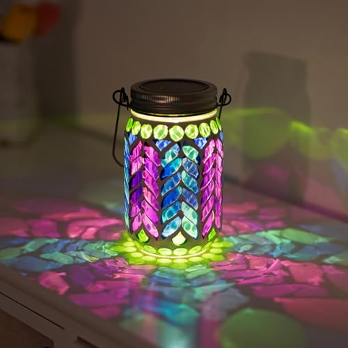 Stargarden Mosaic Solar Lantern ,Waterproof Outdoor Hanging Jar Lights, Mosaic Lights Solar Garden Decor for Patio Pathway Yard - color: Colorful Leaf