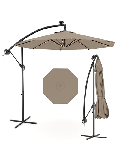 Jojoka 10FT Cantilever Patio Umbrella with Solar LED Lights - Offset Outdoor Umbrella - Easy Lift & Tilt - UV Protection - Fade Resistant - Ideal for Deck, Pool, Garden - color: Tan