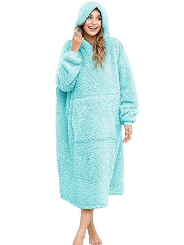Sherpa Wearable Blanket Oversized Hoodie Sweatshirt TV Blanket with Long Sleeves and Pocket,One Size Fit All,Lakeblue - color: Lakeblue