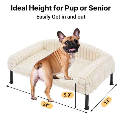 Veehoo Elevated Dog Bed with Bolster Cushion, Fluffy Plush Dog Couch Beds for Small Dogs, Cats, Washable Raised Pet Cot with Non-Slip Feet for Indoor or Patios Use, 24 x 18 Inches, White - color: White, size: 24.0"L x 18.0"W x 8.3"Th