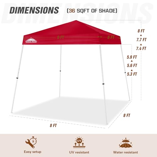 EAGLE PEAK 8x8 Slant Leg Pop-up Canopy Tent Easy One Person Setup Instant Outdoor Beach Canopy Folding Portable Sports Shelter 8x8 Base 6x6 Top (Red) - color: Red, size: 8x8
