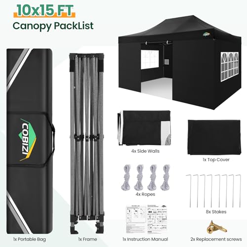 COBIZI 10x15 FT Heavy Duty Pop up Canopy with 4 Removable Sidewalls, Easy up Gazebo High Stability, All Weather Sunshade 100% Waterproof Outdoor Canopy Tents with Carry Bag, Black - color: Black, size: 10x15 with 4 sidewalls