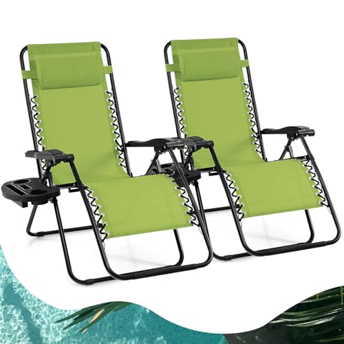 Goplus Zero Gravity Lounge Chairs, 160°Adjustable Folding Recliner w/Pillow and Cup Holder, 350LBS Comfy Outdoor Lounge Chairs for Patio, Lawn, Yard & Camp(Set of 2, Green) - color: Green, size: 35.4" x 25.2" x 43.3" (Set of 2)