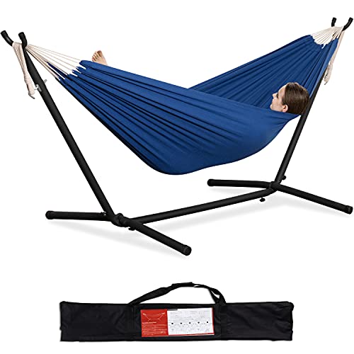 PNAEUT Double Hammocks with Stand for Outside, Portable Space Saving Heavy-Duty Steel Stand for Indoor Outdoor Patio with Carrying Bag, 450 lbs Capacity (Navy) - color: Navy