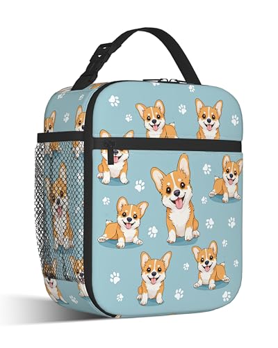 Cute Corgi Dog Reusable Lunch Bag,Blue Paw Prints Insulated Lunch Box with Side Pockets for Girls Boys Women Portable Thermal Cooler Bag for Teens School,Work,Picnic,Beach - color: Cute Corgi Dog