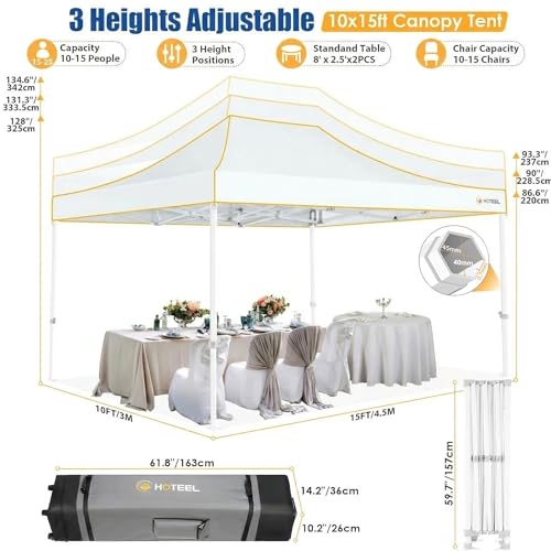HOTEEL 10x15 Heavy Duty Pop up Canopy Tent for Parties Without Sidewalls, Easy Setup Outdoor Commercial Instant Gazebo for Wedding Event, with Roller Bag & Sand Bags, White(Hexagonal Frame) - color: White, size: 10x15FT (No Walls)