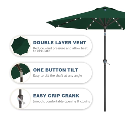9FT Patio Umbrella with Solar Lights,Outdoor Market Umbrella with Tilt and Crank, LED Lighted Table Umbrella for Garden,Deck,Backyard,Pool,Beach (Dark Green) - color: Dark Green