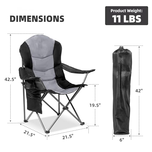 2 Pack Folding Camping Chairs for Adults - High Back Padded Outdoor Lawn Chairs with Lumbar Support & Cup Holder, 400lbs Heavy Duty Portable Camping Chairs Set (Black & Light Gray) - color: Black & Light Gray, size: 2 PCS