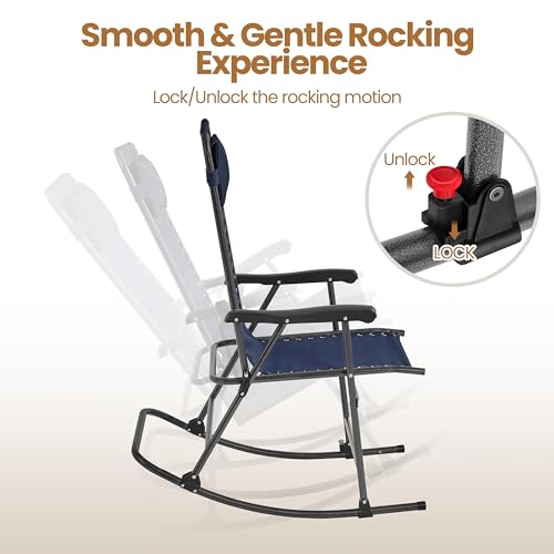 Yaheetech 26in Rocking Chair Outdoor Zero Gravity Folding Chairs Rocking Chairs Foldable Outdoor Lounge Chair for Outside Lawn with Cupholder/Pillow Ergonomic Design for Rest, Navy Blue, Set of 1 - color: Navy Blue, size: 1 Pcs