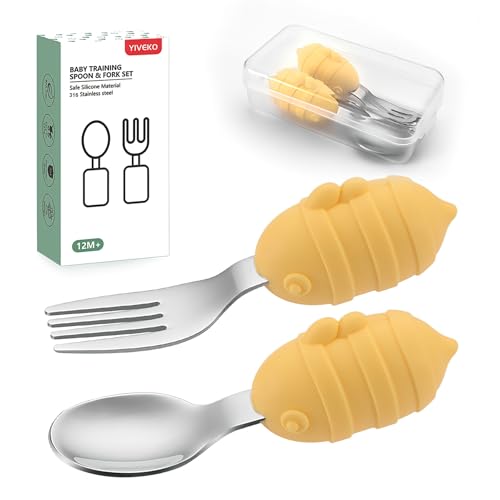 Baby Fork and Spoon Set with Carry Case Baby Training Utensils Self Feeding Toddler Silverware Silicone and Stainless Steel Kids and Toddler Utensil Set-Bees - color: Bees