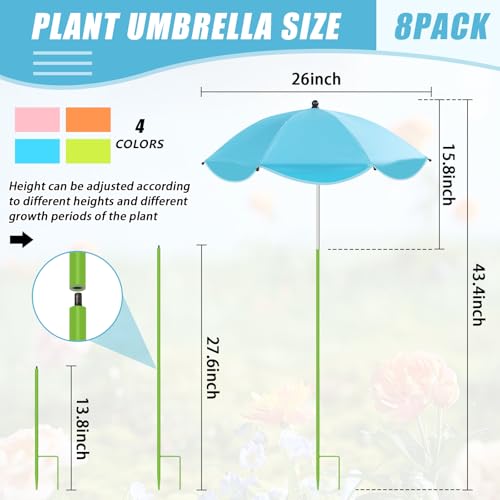 Axcoix 8 Pack Upgraded Plant Umbrellas for Outdoor Plants, 26" Larger Garden Plant Umbrella Shade with Adjustable Angle, 43.4" Higher Sun Shade for Plants, Potted Plant, Garden Beds - color: 8 Pack-2Pink 2Blue 2Green 2Orange