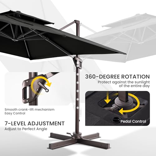 10x10 FT Cantilever Patio Umbrella Double Top Outdoor Square Large Heavy Duty Aluminum Offset Umbrellas with 7 Level Tilt 360-degree Rotation for Pool Garden Deck, Black - color: Black, size: 10' X 10' - Umbrella Only
