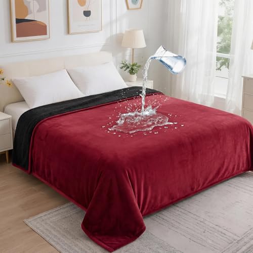 Waterproof Blanket for Bed - Blanket with Waterproof & Stain Proof, Splash Resistant, Machine-Washable Flannel is Soft and Comfortable, Suitable for Bed/Sofa (80"x90", Wine red/Black) - color: Wine Red/Black, size: 80''x90''