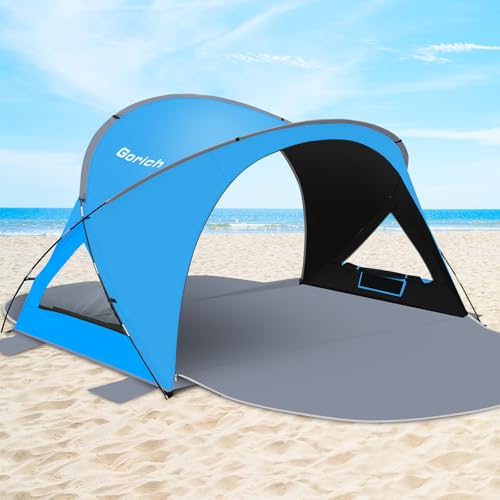 Gorich Beach Tent Sun Shelter with UPF50+ UV Protection for 1-2/3/4-5/6-7 Person, Lightweight & Portable Beach Shade Canopy with 2 Zippered Doors, Easy Setup Family Beach Umbrella - color: Dark Shelter-Skyblue, size: 3 Person