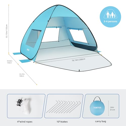 TOBTOS UPF 50+ Pop Up Beach Tent, Easy Set Up Beach Umbrella, Sun Shelter for 2-3 People UV Protection Portable Sunshade, Baby Canopy Cabana, Lightweight with Carry Bag - style: Blue for 3-4 Person