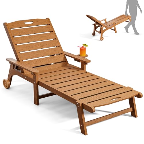 Outdoor Lounge Chair with 5-Position Adjustable, Outside Lounge Chair with Cup Holder, Wheels for Easy Mobility, HDPE Tanning Chair for Poolside, Patio, Brown - color: Brown, size: 1pc