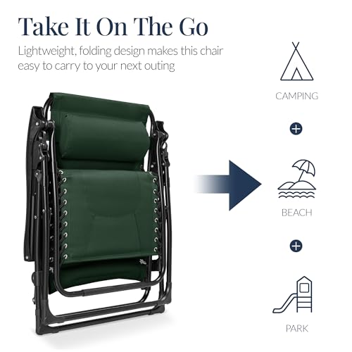 Best Choice Products Oversized Padded Zero Gravity Chair, Folding Outdoor Patio Recliner, XL Anti Gravity Lounger for Backyard w/Headrest, Cup Holder, Side Tray, Polyester Mesh - Forest Green - color: Forest Green