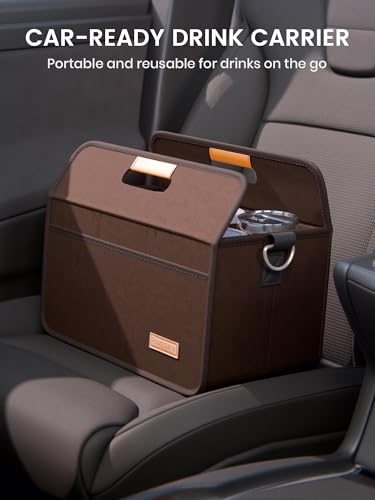 Fluxynara 6-Cup Reusable Felt Drink Carrier with Handle and Adjustable Shoulder Strap, Drink Holder for Car, Multi-Cup Drink Carrier Bag for Delivery, Travel, Picnics (Coffee Brown) - color: Coffee Brown, size: 6 Cups