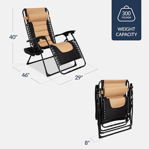 Best Choice Products Oversized Padded Zero Gravity Chair, Folding Outdoor Patio Recliner, XL Anti Gravity Lounger for Backyard w/Headrest, Cup Holder, Side Tray, Polyester Mesh - Tan - color: Black/Tan