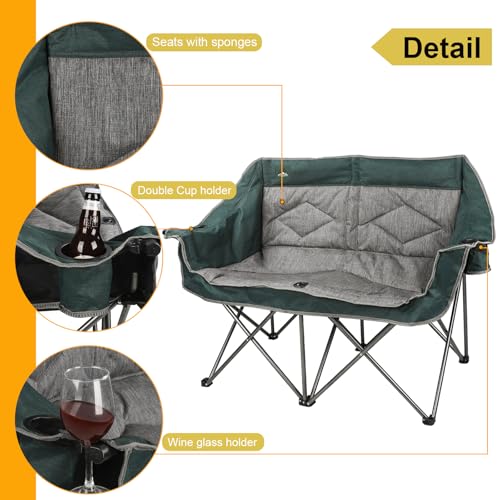 Northroad Folding Loveseat Camping Chair Portable Double Duo Full Padded Garden Chair for 2 Person Sofa w/ 2 Cup Holder,Wine Glass Holder,Mesh Storage,Support 600lbs for Picnic Beach Travel - color: Dark Green