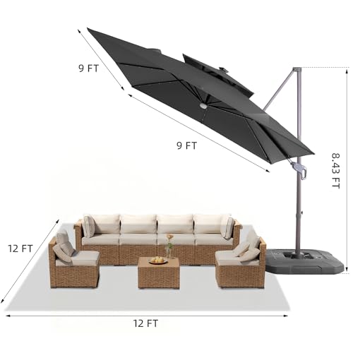 JZAC & QZYD 9x9 FT Outdoor Cantilever Patio Umbrella with Base Included and Solar LED Lights, Large Heavy Duty 2-Tier Square Aluminum Offset Umbrellas with 360-Degree Rotation for Pool Deck, Grey - color: Grey, size: 9'×9' - Weighted Base Included