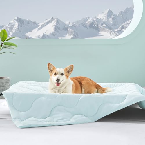 MIXJOY Cooling Blanket for Large Dogs Breathable, Dual-Sided Q-MAX>0.5, Lightweight Pet Cooling Throw Blanket Summer for Sofa & Elevated Dog Bed, Washable Soft Cat Cold Mat Durable, Aqua Blue, 40x50 - color: Aqua Blue, size: L(40x50'')