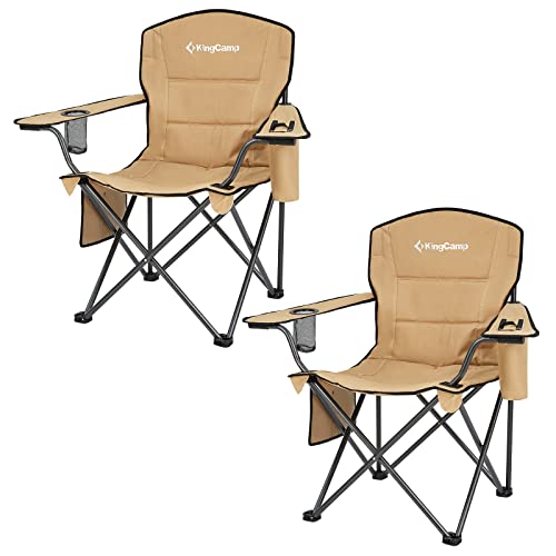KingCamp 2 Pack Oversized Camping Chair for Adults Folding Chairs Heavy Duty 300lbs Camp Chair Padded Outdoor Chair with Cooler Bag, Cup Holder, Side Pocket for Garden Fishing Picnic Sports… - color: Khaki, size: 2 Pack