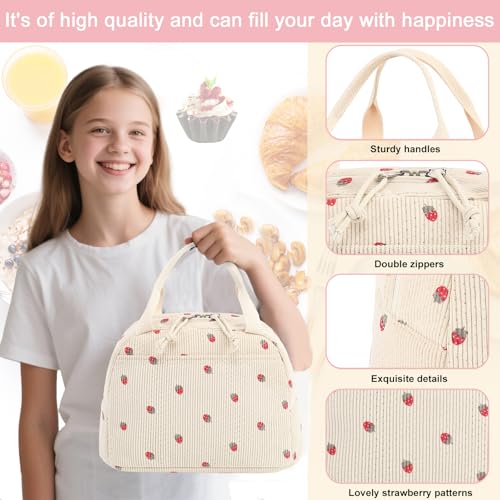 LEDAOU Lunch Box for Women Insulated Lunch Bag Corduroy Lunch Tote Bags Leakproof Cooler Lunchbox for Travel Work Picnic - color: Corduroy Beige-Strawberry