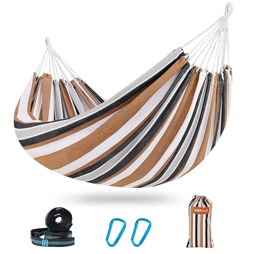 Lazy Daze Hammocks Double Brazilian Cotton Hammock, Extra Large Portable Outdoor Camping Hammock with Tree Straps & Travel Bag for Backyard Patio Poolside Indoor, 550lbs Capacity, Brown & White - color: Brown & White