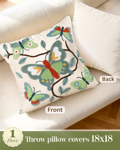 Embroidered Throw Pillow Cover 18x18 Inch - Spring Summer Boho Decorative Pillow Cover with Zipper for Living Room Couch Sofa Bed Aesthetic Design Branch Butterfly Cushion Pillowcase - color: Branch-butterfly, size: 18" x 18" (Pack of 1)