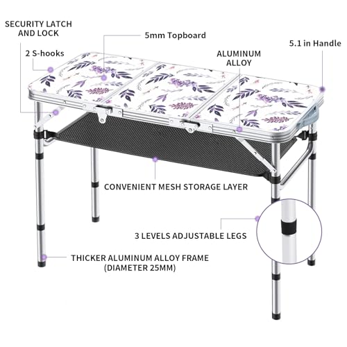 Yriuat Folding Camping Table 3ft Portable Pinic Table Adjustable Height Small Card Table Aluminum Foldable Lightweight with Carry Handle for Outdoor Indoor Hiking Camp BBQ Beach (Misty Lilac) - color: Misty Lilac, size: 35"l X 16"w X 27"h