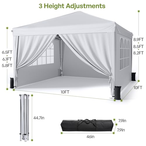 10x10 Pop Up Canopy with Sidewalls, Instant Portable Canopy Tent with Carry Bag for Commercial Events, Camping, Parties - White - color: White