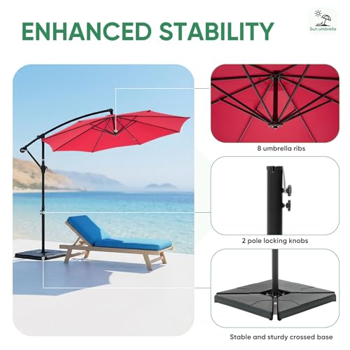 NEWBULIG 10FT Patio Umbrella, Offset Cantilever Outdoor Patio Table Umbrella, UV Protection, Fade Resistant Fabric, Easy Tilt Adjustment for Pool, Deck, Garden, Backyard - color: Bright Red, size: 10FT-with 4 Bases