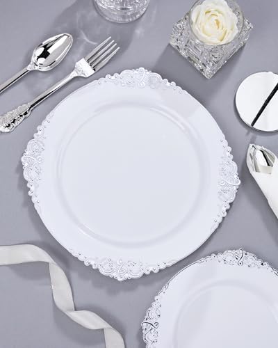 Nervure 350PCS Silver Plastic Plates - Silver Plastic Dinnerware Sets for 50 Guests - 100 Disposable Plates, 150 Silverware, 50 Cups, 50 Napkins for Wedding & Party - color: White and Silver