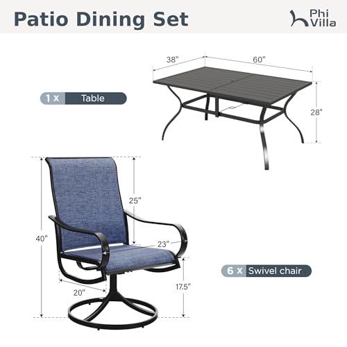 PHI VILLA 7 Piece Outdoor Patio Dining Set, Large Metal Table (1.57'' Umbrella Hole) and 6 Swivel Dining Chairs with Textilene Mesh Fabric, All Weather Patio Furniture Set for Deck Lawn Garden (Blue) - color: Blue Fabric, size: 60"L x 38"W x 28"H-7 Piece-