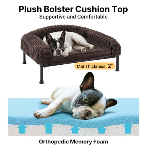 Veehoo Elevated Dog Bed with Bolster Cushion, Fluffy Plush Dog Couch Beds for Small Dogs, Cats, Washable Raised Pet Cot with Non-Slip Feet for Indoor or Patios Use, 36 x 28 Inches, Brown - color: Brown, size: 36.0"L x 28.0"W x 8.3"Th