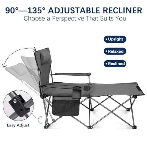 apollo walker Reclining Beach Chair, Adjustable 90-135° Backrest Camping Lounge Chairs for Adults, Folding Chair with Foot Rest & Detachable Pillow - Standard 6-Leg, Grey - color: Grey, style: 6-Leg