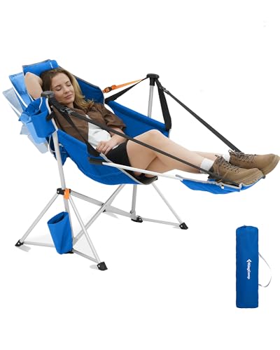 KingCamp Hammock Chair with Footrest – Heavy Duty Swinging Rocking Camping Chairs for Adults up to 400lbs, Folding Portable Oversized Rocker with Cup Holder & Pillow for Outdoor Beach Lawn RV Sports - color: Footrest Deluxe Blue/Grey
