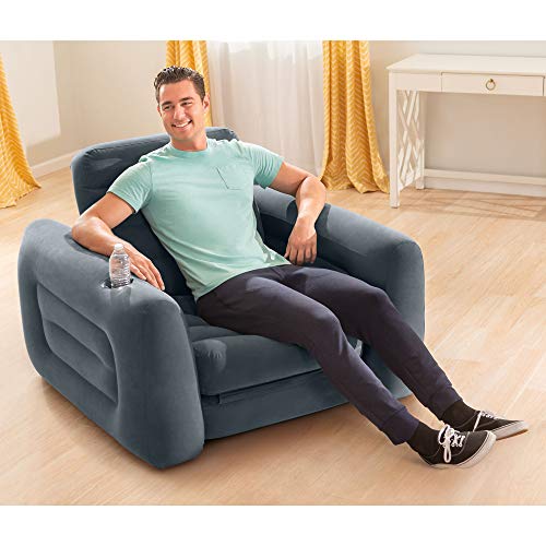 Intex 2 in 1 Inflatable Pull Out Sofa Chair and Twin Air Bed Mattress with Cup Holders for Indoor and Outdoor Use for Adults (3 Pack), Charcoal