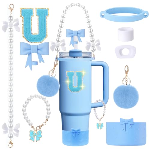 9pcs Stanley Cup Accessories Set- for 30oz 40oz Tumblers with Handle - Bule Kit Includes Bow Straw Topper and Boot, Charm, Pearl Handle Strap & Stickers - Aesthetic Girl Gifts (U) - color: U