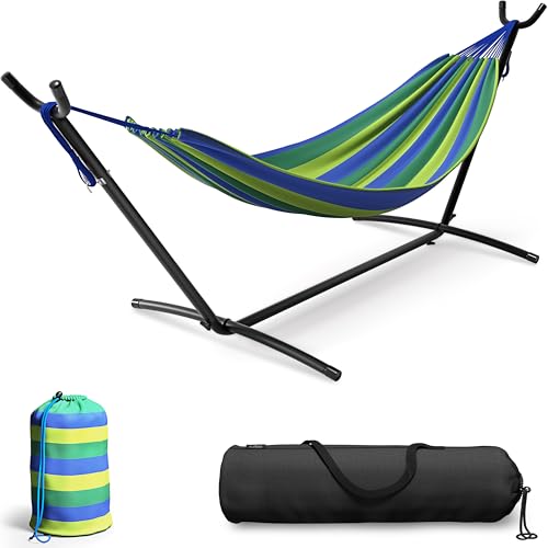 Sorbus 2-Person Hammock with Stand – 60" Cotton Blend Bed, Heavy Duty 450lbs Capacity, Portable with Carrying Case – for Garden, Patio, Outdoor, Camping, Gifts – Washable - color: Blue/Green