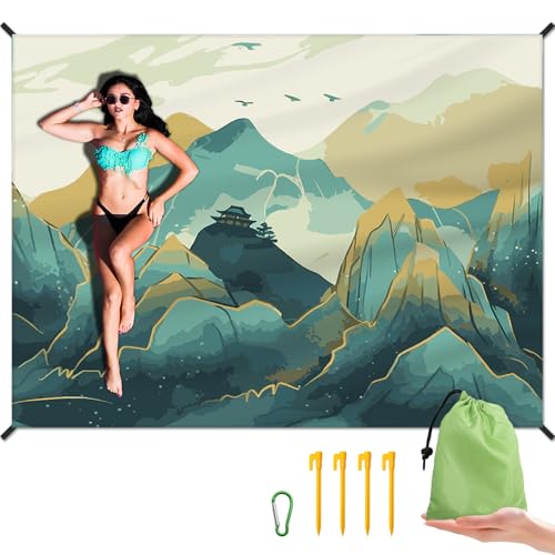 Beach Blanket Waterproof Sandproof Large Beach Mat 83" X 106" for 5-7 Adults Sand Free Mat Quick Drying,Oversized,Lightweight & Durable with 4 Stakes & 4 Corner Pockets for Beach Camping .(Mountain) - color: Mountain, size: 83" X 106"