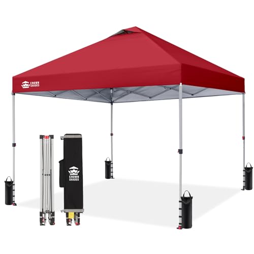CROWN SHADES 10x10 Pop Up Canopy - Beach Tent with One Push Setup - Easy Outdoor Sun Shade for Events, Parties, Camping - Gazebo with STO-N-Go Cover Bag, Silver Coated Top, Red - color: Red, size: 10x10