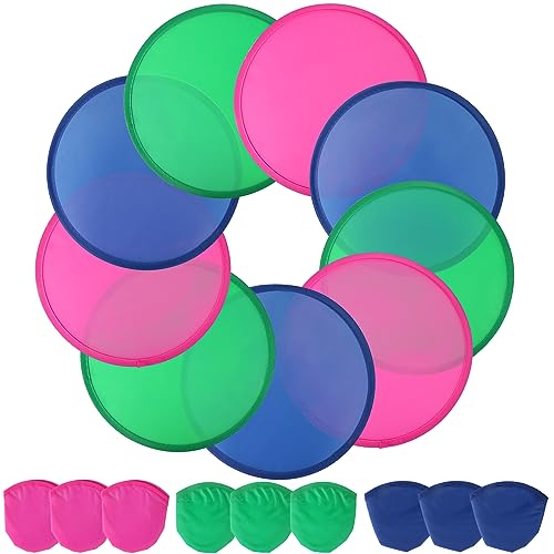 9 Pieces Foldable Flying Disc or Fan with Storage Bag Assortment Fans Set Beach Flying Disc- 9.8" Foldable Flying Disc（3 Colors）