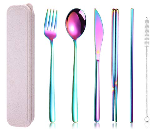 AARAINBOW 6 Pieces 18/8 Stainless Steel Flatware Set Portable Reusable Cutlery Set Travel Utensils Set Including Chopsticks Knife Fork Spoon Straws Cleaning Brush Dishwasher Safe (Multicolored) - color: Multicolor