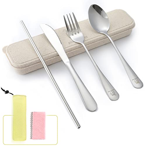 Boulder Bee | Travel Utensils Set | Reusable Camping Cutlery Set | Stainless Steel Flatware Set | Portable Silverware Set with Case | Includes Knife/Fork/Spoon/Straw/Cleaning Cloth/Case (Silver) - color: Silver