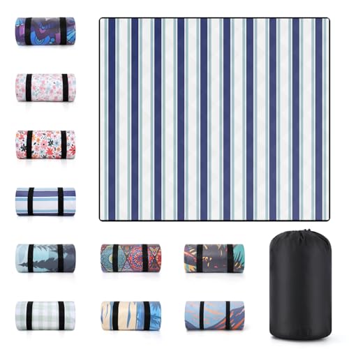 60x80" Picnic Blankets Outdoor XL Giant Waterproof Sandproof Beach Blanket Lightweight Foldable Camping Sand Mat Summer Glamping Camp Equipment Gifts Travel Trailer Hawaii Vacation Accessories - color: Blue Stripes, size: 6'8" x 5' (Rectangular)