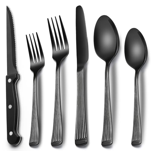 EWFEN 24-Piece Black Silverware Set with Steak Knives, Black Flatware Set for 4, Food-Grade Stainless Steel Tableware Cutlery Set, Mirror Finished Utensil Sets for Home Restaurant, Roman Column - style: Roman Column